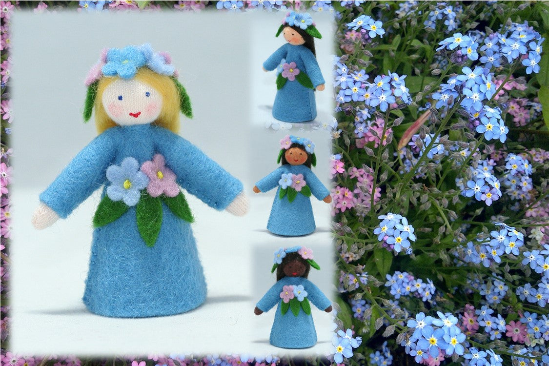 Forget-Me-Not Fairy (miniature standing felt doll, flower hat