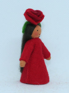 Rose Fairy (2.5" miniature standing felt doll, flower hat, red)