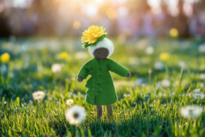 Dandelion Fairy (2.5" miniature standing felt doll, flower hat, white hair)