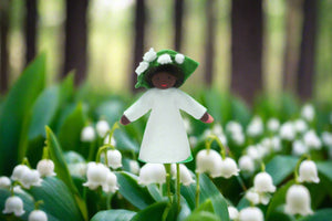 Lily of the Valley Prince (2.5" miniature standing felt doll, flower hat)