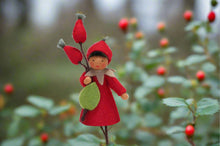 Rose Hips Fairy (3" miniature standing felt doll, holding fruit, fall outfit)