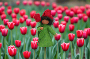 Tulip Fairy (2.5" miniature standing felt doll, holding flower, red)