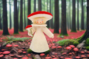 Fly Agaric Fairy (3" miniature standing felt doll, holding fruit)