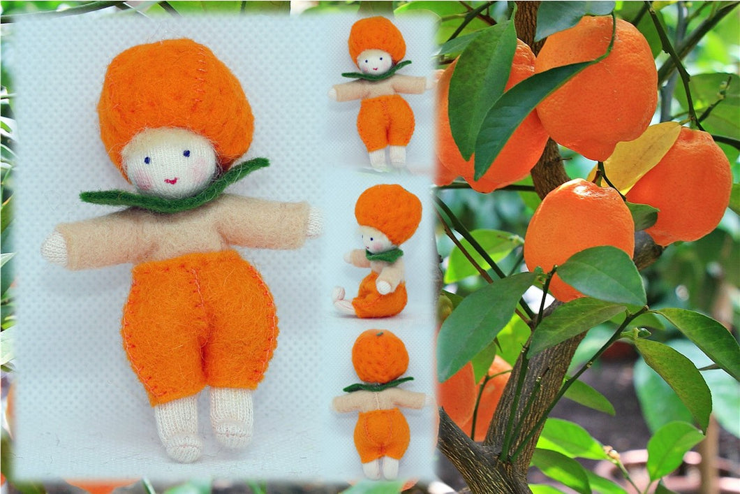 Orange Baby (miniature bendable hanging felt doll, with onesie) - Eco Flower Fairies LLC - Waldorf Doll Shop - Handmade by Ambrosius