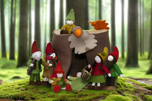 Forest Gnome Family with Oak Tree Stump House (3.5" set of seven miniature bendable felt dolls)