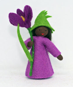 Crocus Fairy (2.5" miniature standing felt doll, holding flower)