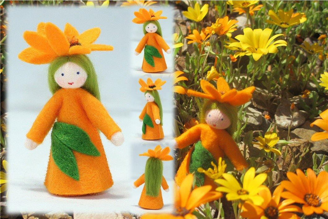 African Daisy Fairy (miniature standing felt doll, flower hat) - Eco Flower Fairies LLC - Waldorf Doll Shop - Handmade by Ambrosius