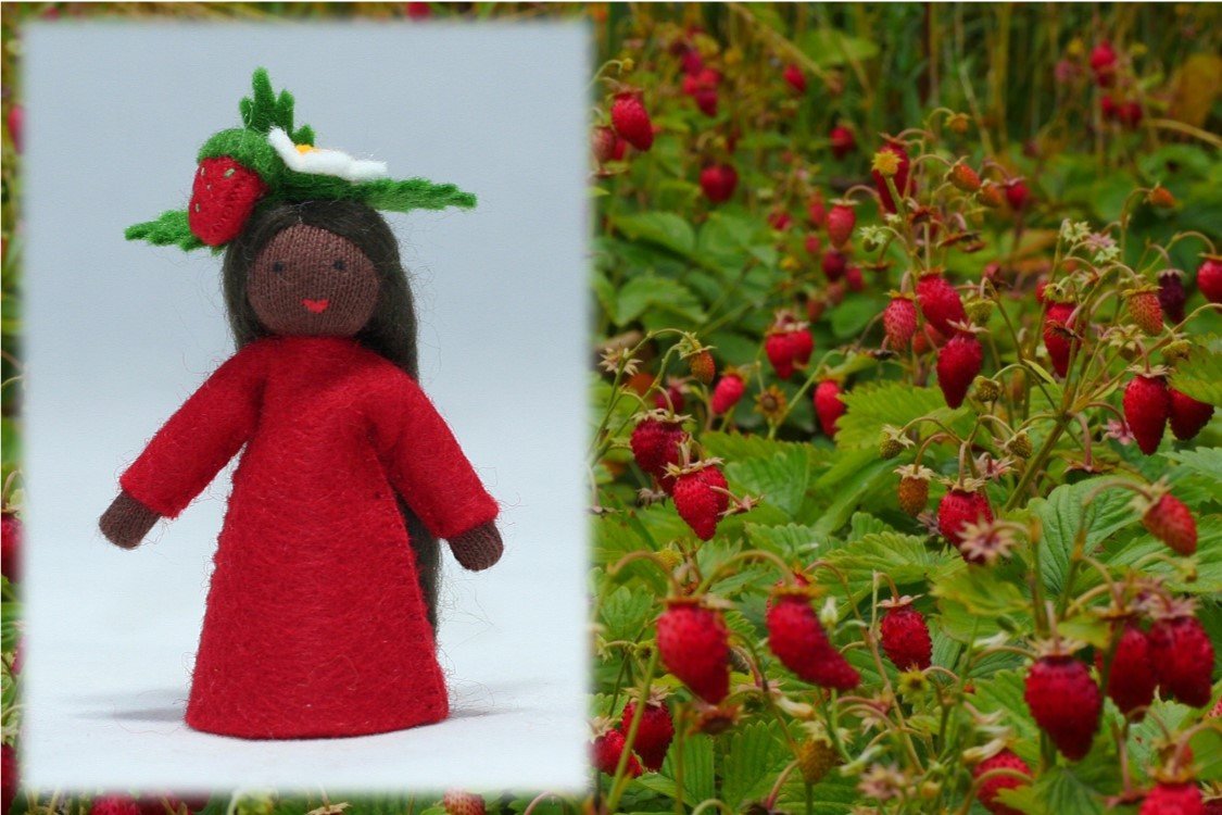 Wild Strawberry Fairy (miniature standing felt doll, flower hat)